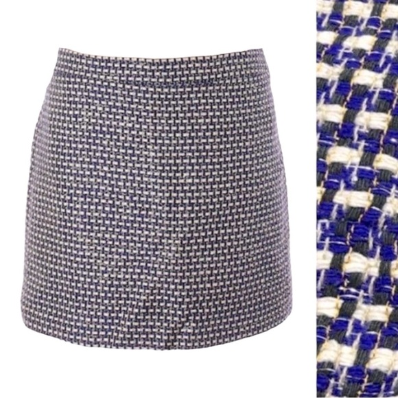 J Crew Silk Blend Checkered Tweed Lurex Blue Jacquard Mini Skirt Size 6 - Picture 1 of 7